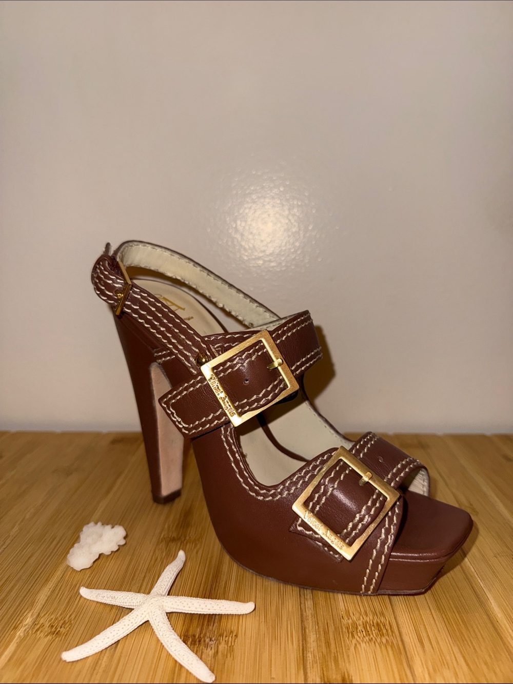Velvet Angels Brown Buckle Strap Block Heels